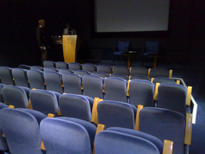 Paul McCann (Culturenet Cymru) and Brian Teeman (brianteeman.net) set-up inside the amazing Drwm auditorium, NLW