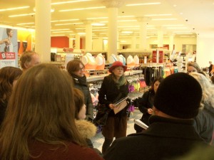 Workshop participants shelter in a dept store